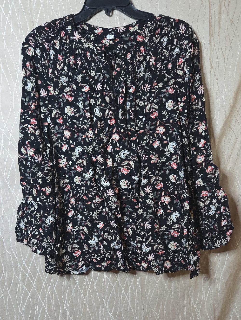 Old Navy Black Floral‎ Blouse with Pink and Cream Accents